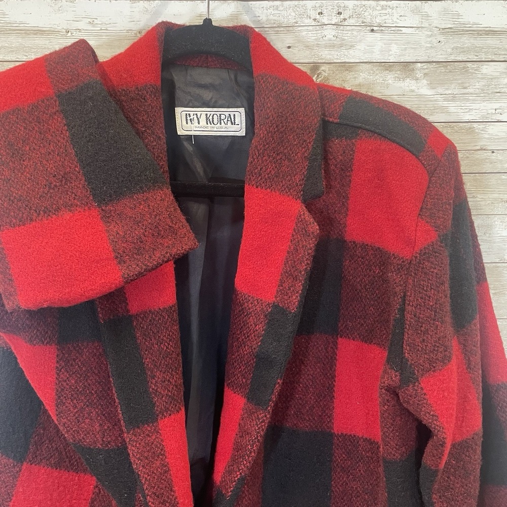 Vtg 80's‎ Ivy Koral Womens S Blazer Coat Red Buffalo Plaid 100% Wool Jacket USA
